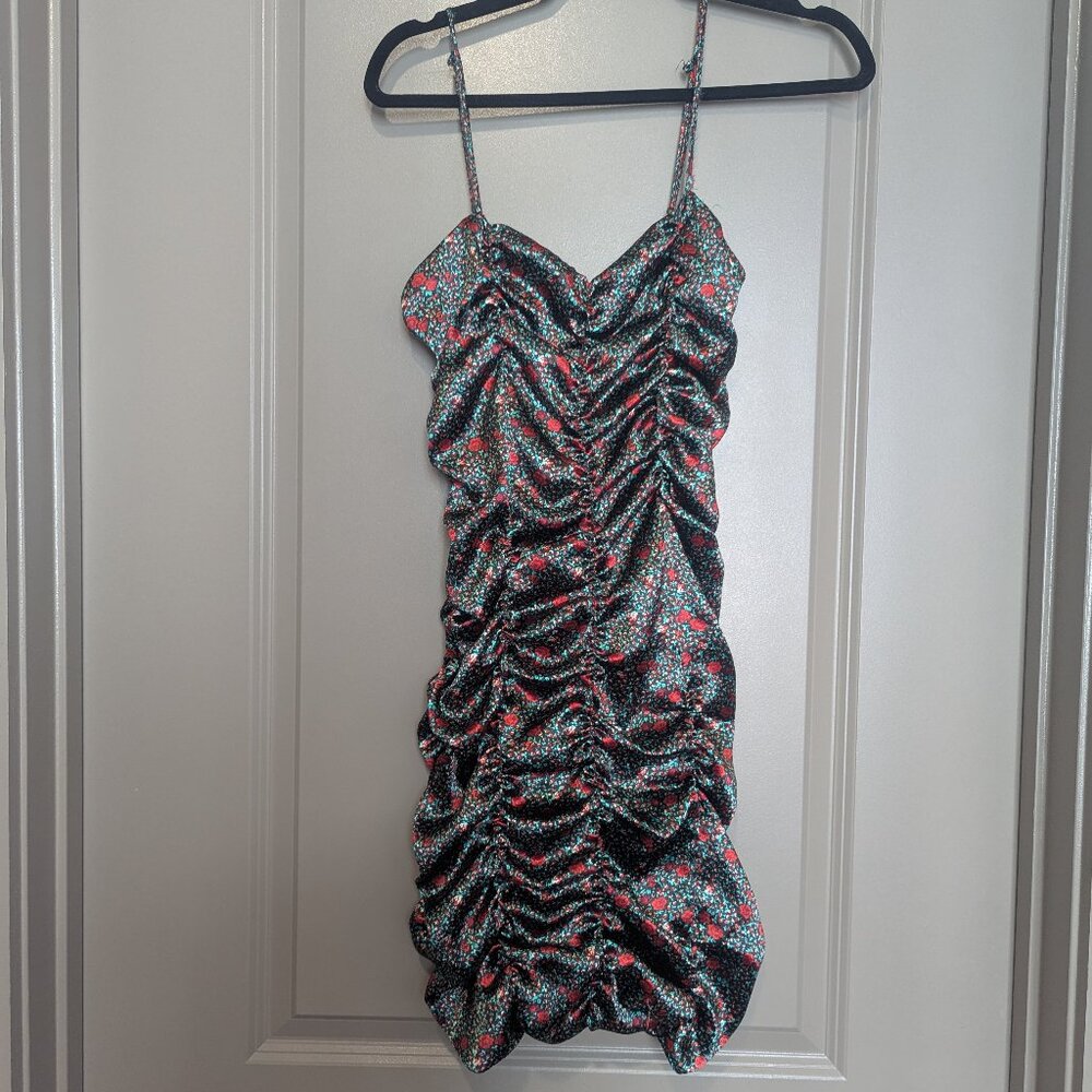 Urban Outfitters Green and Red Floral Ruched Mini Dress size- Medium